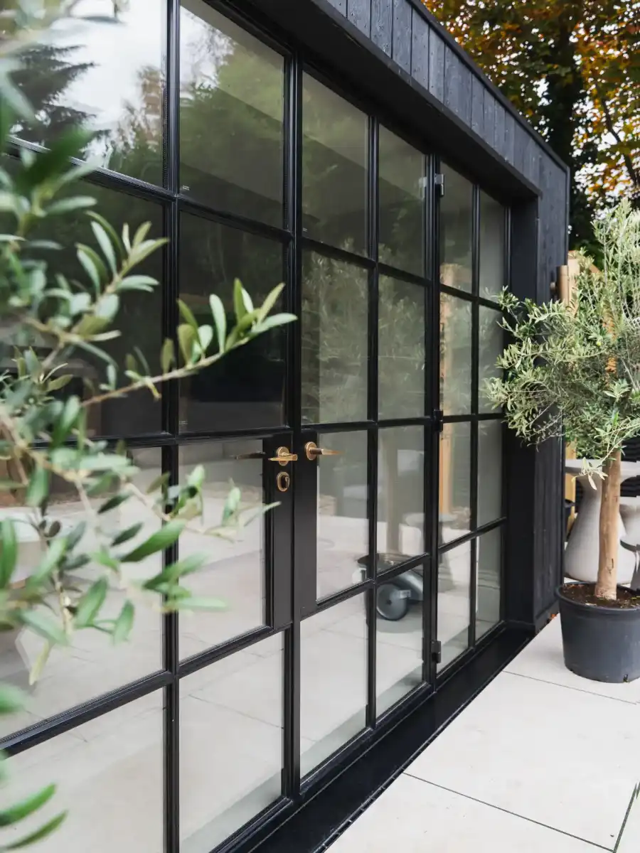 Crittall steel external double doors screen installed in Chester home